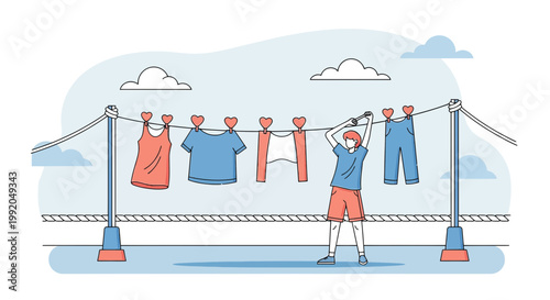 Person hanging laundry on a clothesline outdoors, with clouds in the sky.