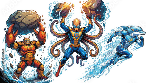 Marine Superhero Action Characters Cartoon Illustration Set Featuring Crab Strength Octopus Power Dolphin Speed Ocean Fantasy Editable Vector Collection