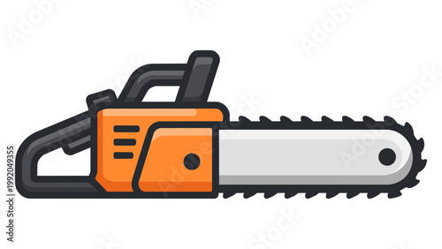 Modern flat vector icon illustration of an orange chainsaw tool for woodcutting and forestry, featuring a sharp chain bar and ergonomic handle, isolated on a white background for graphic design.