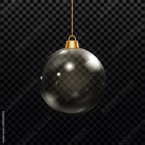Christmas ball hanging on golden rope, vector realistic transparent 3D glass ball with glares, volume festive decoration