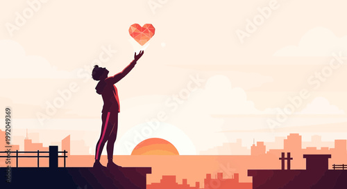 Person Reaching for Geometric Heart Silhouette at Sunrise Cityscape