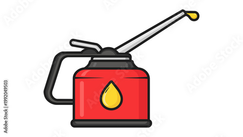 Red oil can vector icon illustration featuring a vintage style oiler with a long spout, handle, and yellow oil drop symbol. Flat design isolated on white background, scalable SVG for industry.
