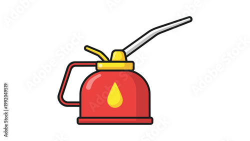 Modern flat vector illustration of an old-fashioned red oil can featuring a long spout and yellow oil drop symbol, isolated on white. Ideal for industrial, automotive, and maintenance designs.