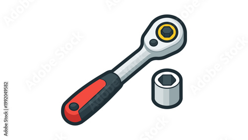 Modern flat vector illustration of a socket wrench and ratchet tool set isolated on a white background, perfect for DIY, mechanical repair, hardware maintenance, and construction projects.