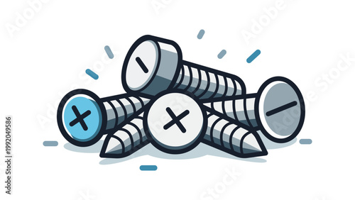 Modern flat vector illustration of a small pile of assorted metal screws with Phillips and flat heads. Clean minimalist icon for hardware, construction, DIY projects, and industrial design.