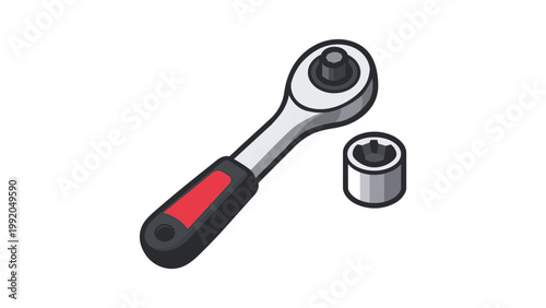Socket wrench and socket head vector icon illustration. A modern flat design of a ratcheting socket wrench with a red and black handle, perfect for automotive, DIY, and repair projects.