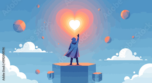 Person Reaching for Glowing Heart in Cosmic Sky with Planets and Clouds