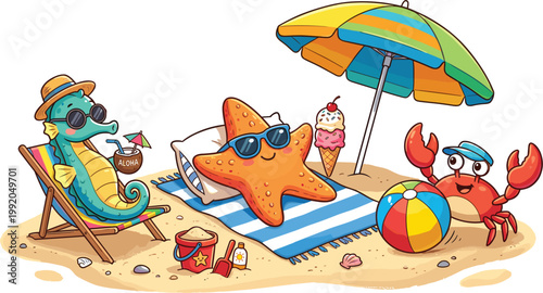 Cute Underwater Beach Vacation Animals Cartoon Illustration Scene Featuring Seahorse Starfish Crab Summer Holiday Editable Vector Collection