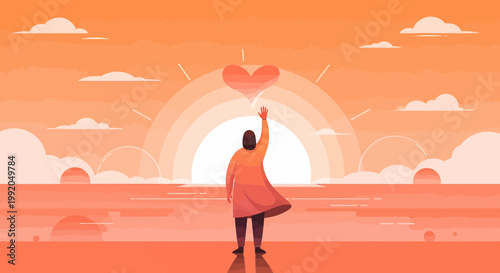 Person Reaching for Heart in Sunrise Sky, Hope and Love Concept
