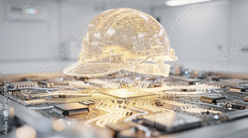 Futuristic Digital Construction Hard Hat over Circuit Board