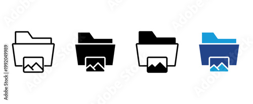 File folder with photo thumbnail icon set. Digital image gallery storage, photography archive organization, and media file management symbol.