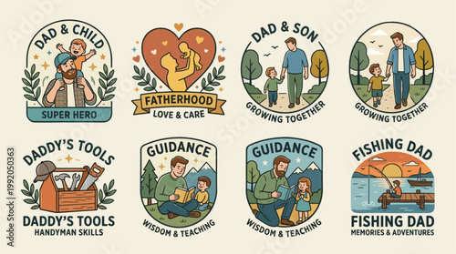 Father spending time with kids set in warm flat cartoon illustration style