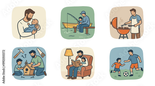 Father spending time with kids set in warm flat cartoon illustration style