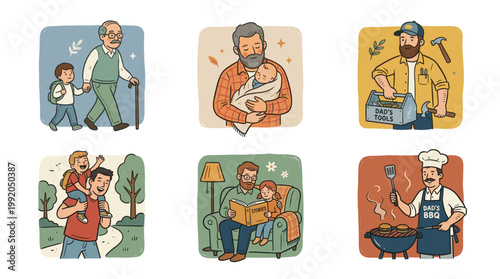 Father spending time with kids set in warm flat cartoon illustration style