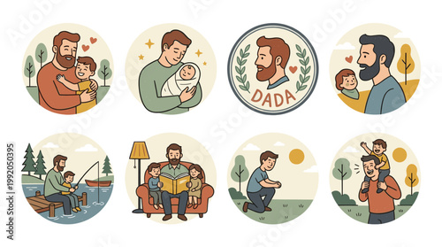 Father spending time with kids set in warm flat cartoon illustration style
