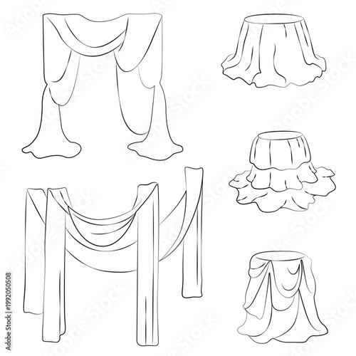 Hand-drawn wedding decor elements, round banquet tables and backdrop drapery, for card or invitation, menu, party decor