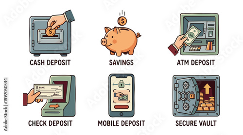 Finance and banking icon set with savings deposit vault and money management concepts