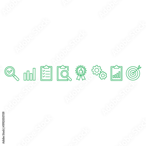 Set of business icons vector line symbols for finance and analysis magnifying glass chart checklist approval award gears target goal.