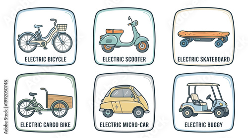 Electric urban transport icon set with scooter bike tram and eco mobility vehicles
