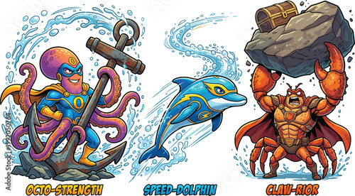 Marine Superhero Characters Cartoon Illustration Set Featuring Octopus Hero Dolphin Speed Crab Warrior Ocean Fantasy Editable Vector Collection