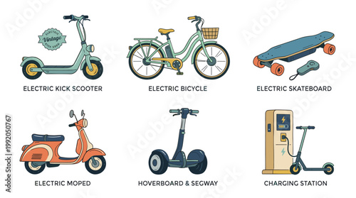 Electric urban transport icon set with scooter bike tram and eco mobility vehicles