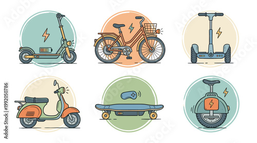 Electric urban transport icon set with scooter bike tram and eco mobility vehicles