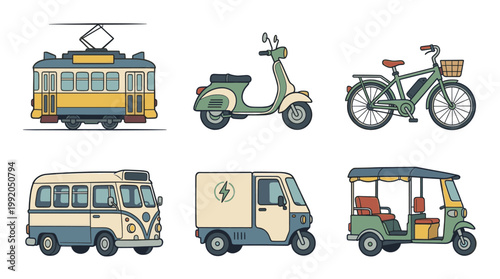 Electric urban transport icon set with scooter bike tram and eco mobility vehicles