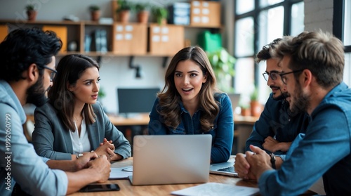 Diverse professional team collaborating during a meeting in modern office