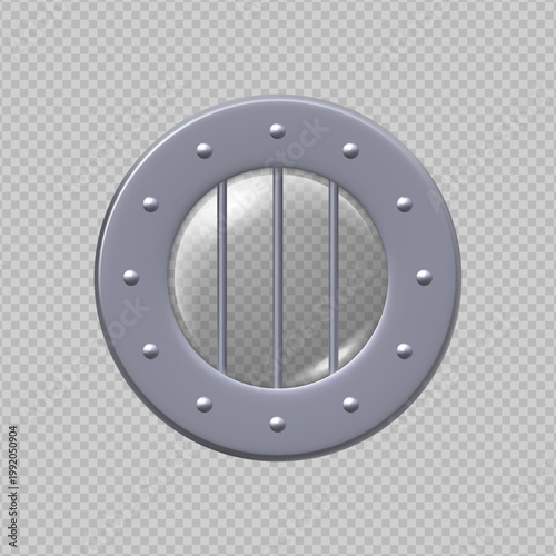 A round, silver metal porthole with a grille and glass.