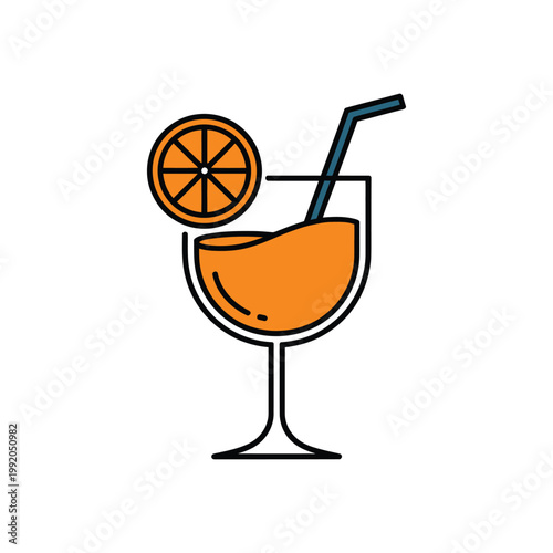 Fresh orange juice in cocktail glass with slice of orange and straw healthy refreshment drink isolated on transparent background.