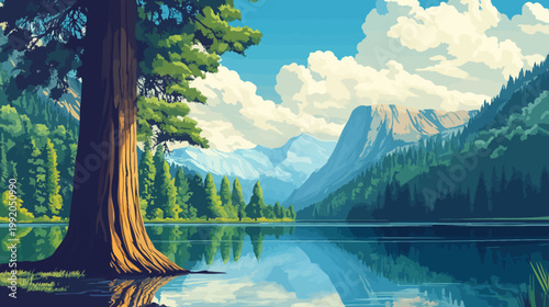 A vibrant scenic illustration depicts a majestic tree by a lake, mountains in the distance