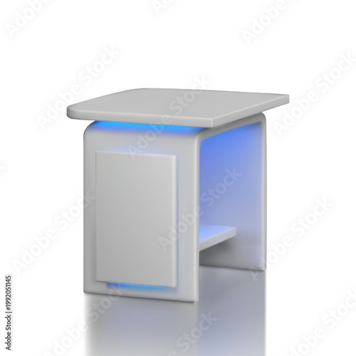 Service desk, desktop table realistic vector 3D mockup, promotional table counter, information stand led illumination