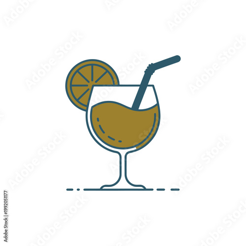 Orange juice in wine glass with lemon slice and straw isolated on grey background with dashed line.