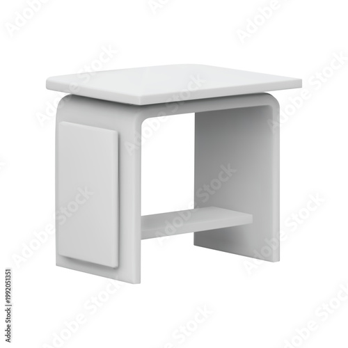 A modern white table with an open shelf underneath, realistic futuristic furniture.