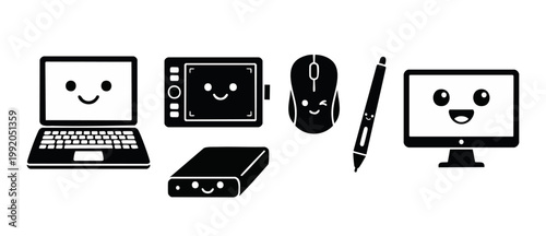 Computer Hardware Icons Set With Cute Kawaii Faces Laptop Drawing Tablet Mouse Pen Monitor And External Hard Drive Vector Illustrations Isolated On White Background For Graphic Design And Digital Art