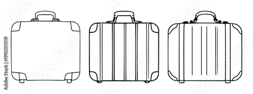 Suitcase set with black line art on white background featuring luggage, travel gear, compact design with minimalism and illustration