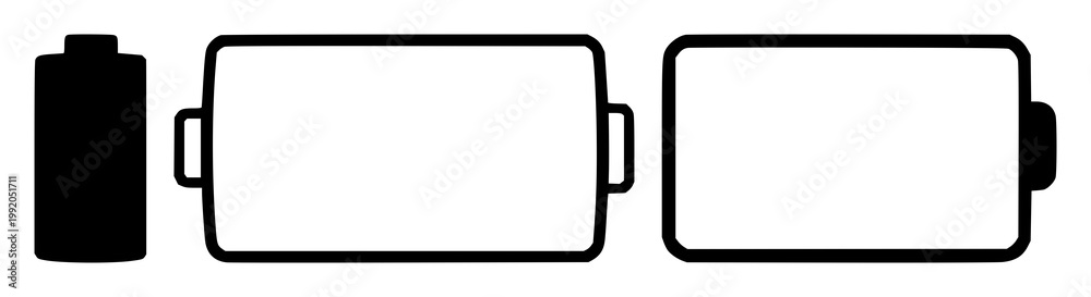 Obraz premium Battery icon set with black silhouette on white background featuring battery, icon, silhouette with black and white background