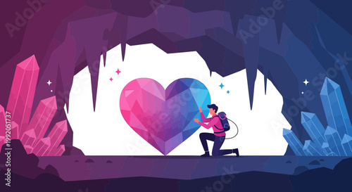 Adventurer finds giant crystal heart in glowing cave, symbolizing love discovery and adventure
