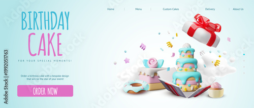 Birthday cake in open gift box 3D plastic style vector landing page sale advertising design, dessert, custom cake order