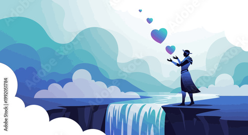 Mystical Figure Levitating Hearts Above Waterfall, Abstract Landscape