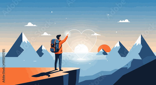 Adventurer Reaching for Heart in Sunrise Over Mountains and Ocean