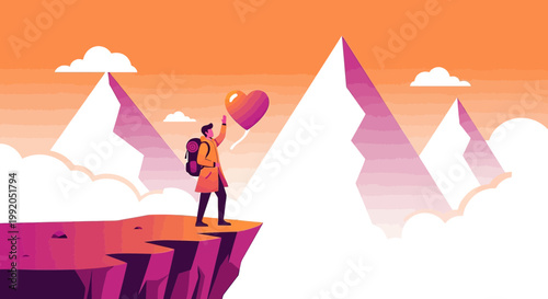 Adventurer with Heart Balloon on Mountain Peak at Sunrise, Symbolizing Love and Achievement