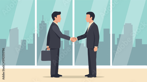 Businessmen shaking hands in a modern office with city skyline view illustration