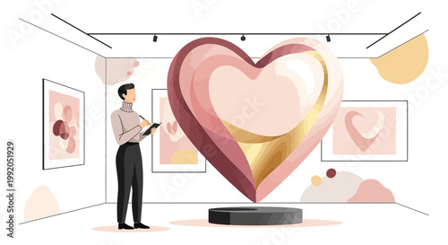 Artist admires large abstract heart sculpture in modern art gallery exhibition