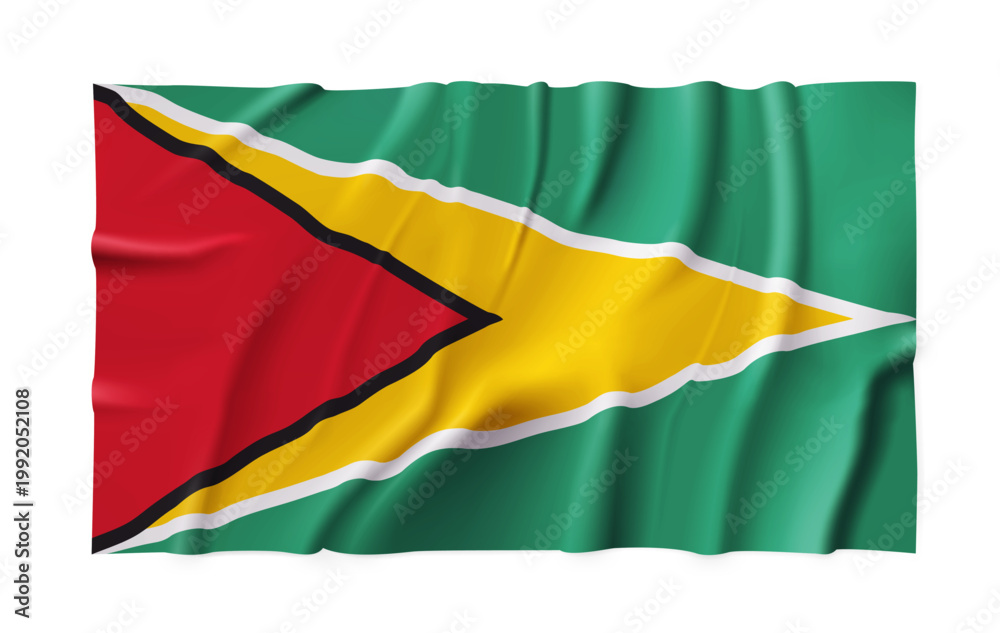 Obraz premium Realistic Guyana country flag isolated on a transparent background. Silk atlas detailed fabric flag. Vector PNG