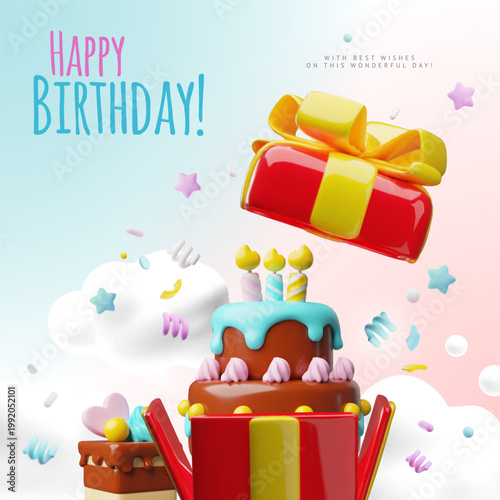 A 3D poster featuring a cake and candles in an open red gift box with a yellow bow.
