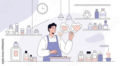 Perfumer creating love potion with hearts, bottles on shelves, clock on wall