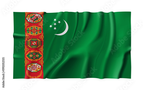 Realistic Turkmenistan country flag isolated on a transparent background. Silk atlas detailed fabric flag. Vector PNG