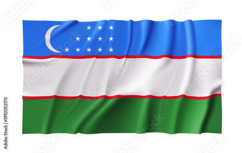 Realistic Uzbekistan country flag isolated on a transparent background. Silk atlas detailed fabric flag. Vector PNG