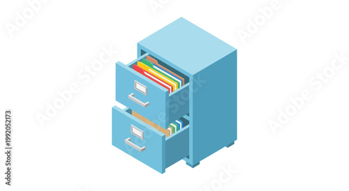 Isometric illustration of a light blue filing cabinet with open drawers